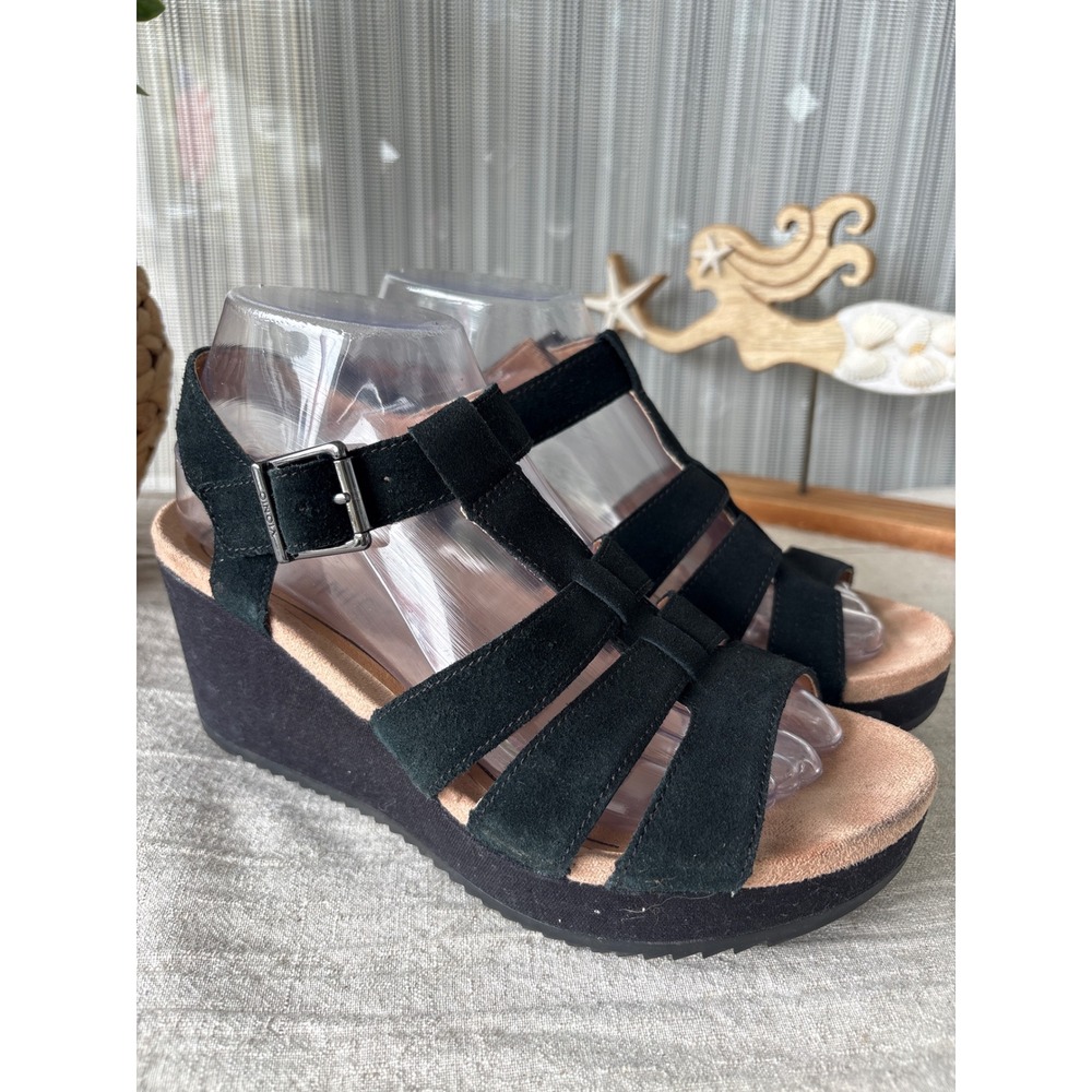Vionic Tawny Black Suede Wedge Sandals Platform Strappy Buckle 7.5